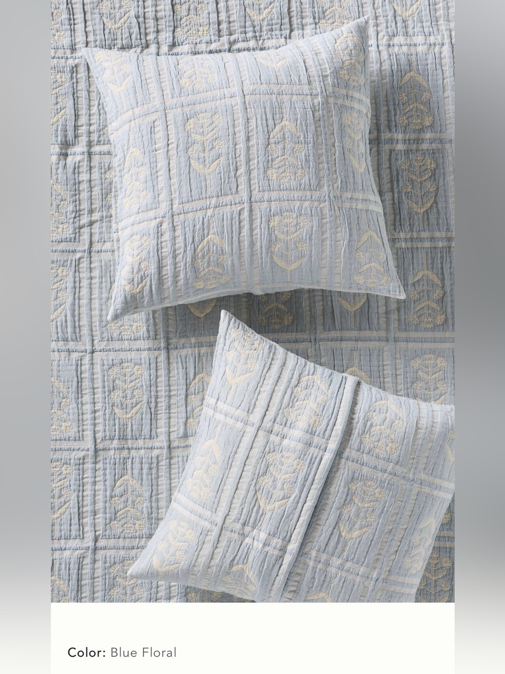 New Anthropologie cotton Parker floral woven quilted euro sham blue cover
